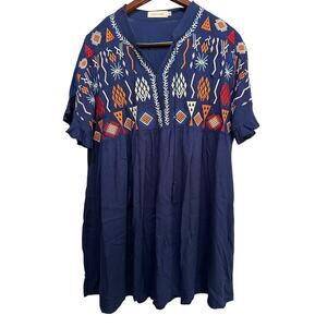Solitaire Women's Blue Embroidered Ruffled Short Sleeve Tunic Mini Dress Size L